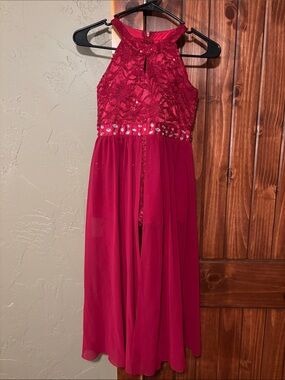 Girls' Fuchsia Lace & Chiffon Halter Formal Dress with Rhinestone Waist